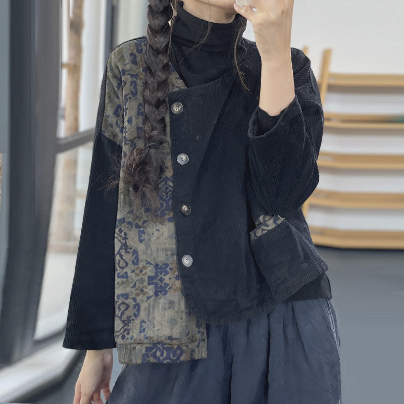 Retro Contrast Color Cotton Coat Jacket Women - Black / M