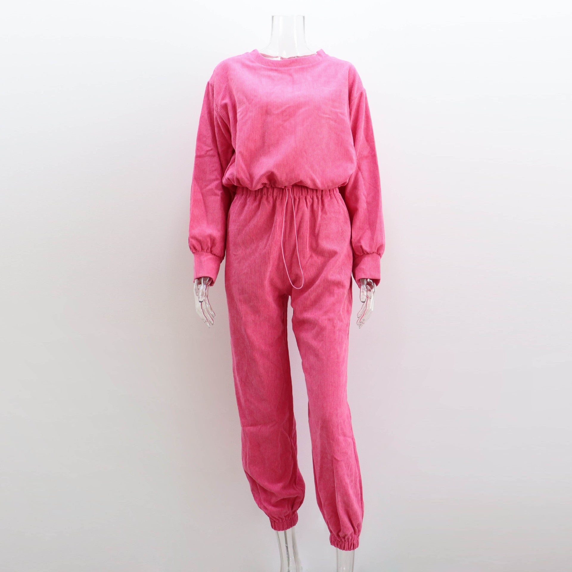 Corduroy Solid Color Round Neck Pullover Long Sleeve Two-piece Set - Rose Red / S