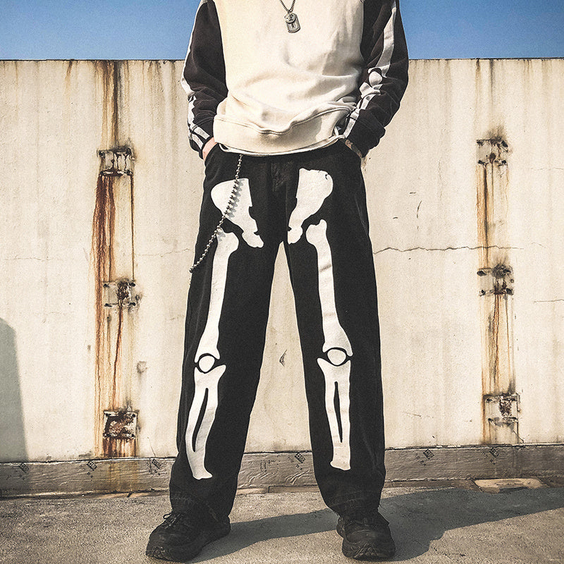 Bone Luminous Printing Loose Straight Wash Denim Trousers - Black / XXL