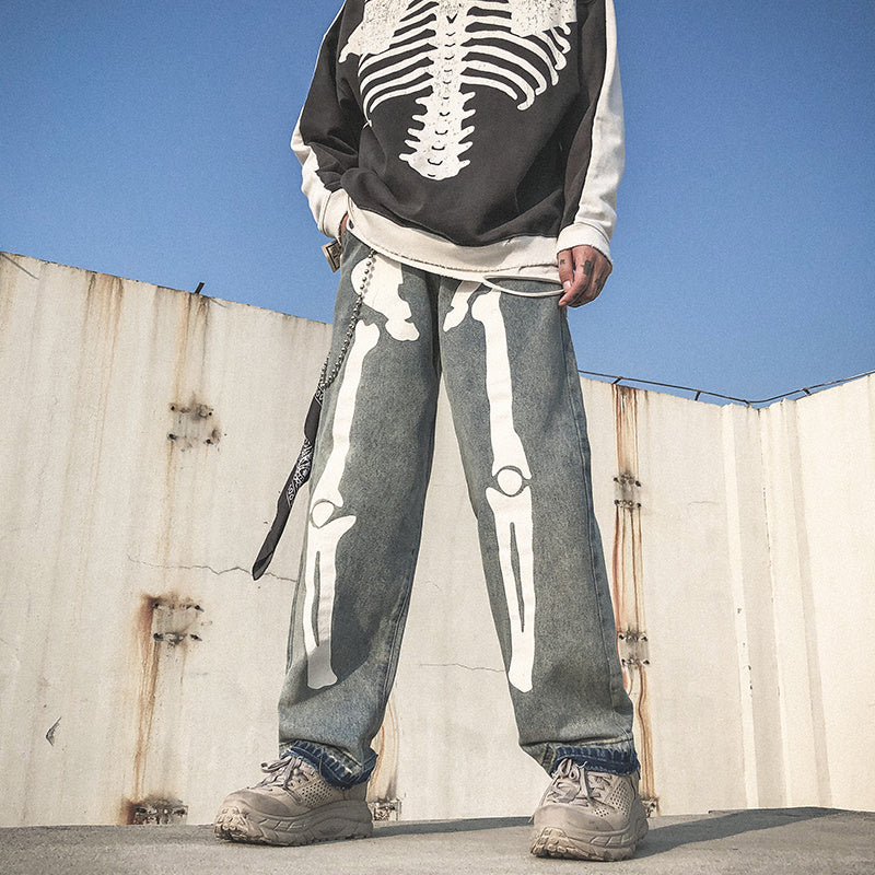 Bone Luminous Printing Loose Straight Wash Denim Trousers - Light color / XXL