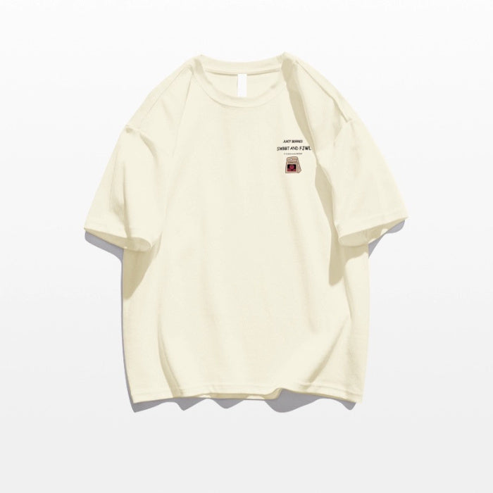 Loose Cotton Off-shoulder Short Sleeve White T-shirt - Apricot / S