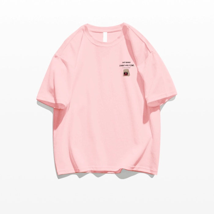 Loose Cotton Off-shoulder Short Sleeve White T-shirt - Pink / S