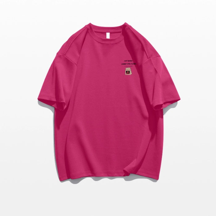 Loose Cotton Off-shoulder Short Sleeve White T-shirt - Rose Red / S