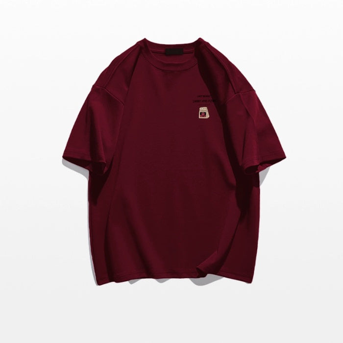 Loose Cotton Off-shoulder Short Sleeve White T-shirt - Wine Red / S