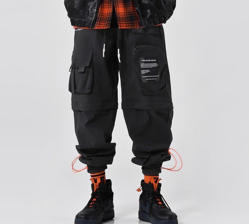 Workwear casual pants three-dimensional multi-pocket loose - Black / L