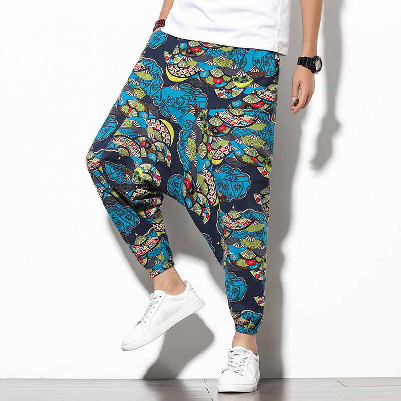 Summer Bohemian Loose Wide-leg Elephant Flower Beach Trousers - Blue fan / M