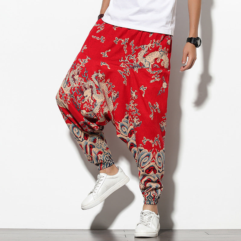Summer Bohemian Loose Wide-leg Elephant Flower Beach Trousers - Red dragon / M
