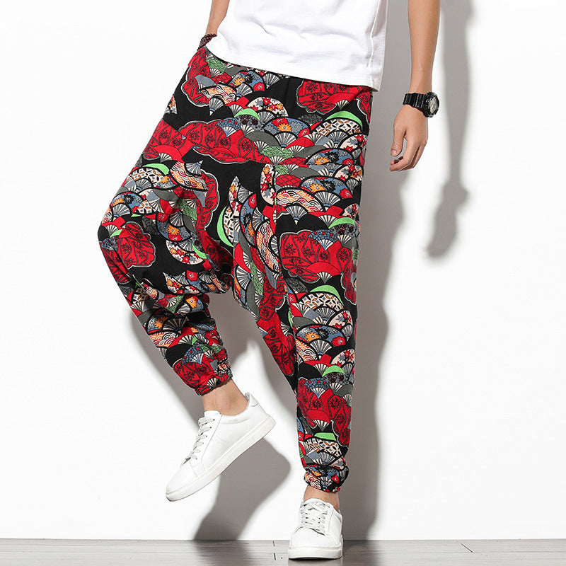 Summer Bohemian Loose Wide-leg Elephant Flower Beach Trousers - Red fan / M