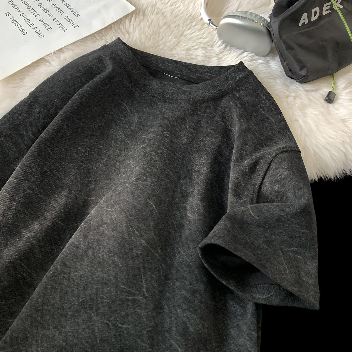 Stone Washed Ice-feeling Tencel Cotton Ice Silk Short Sleeve T-shirt - Black / M
