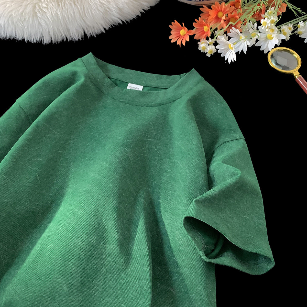 Stone Washed Ice-feeling Tencel Cotton Ice Silk Short Sleeve T-shirt - Dark Green / M