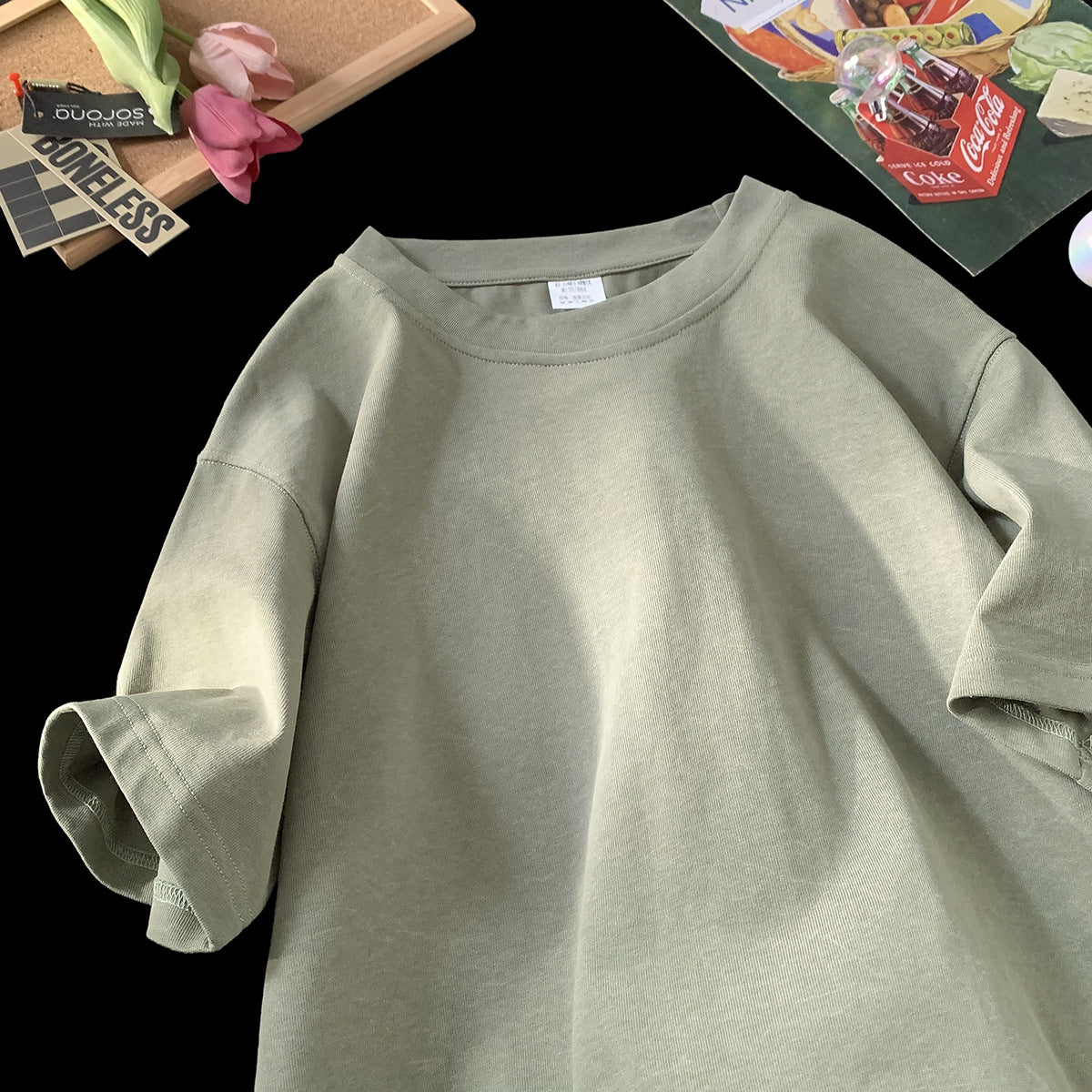Stone Washed Ice-feeling Tencel Cotton Ice Silk Short Sleeve T-shirt - Tea Green / M