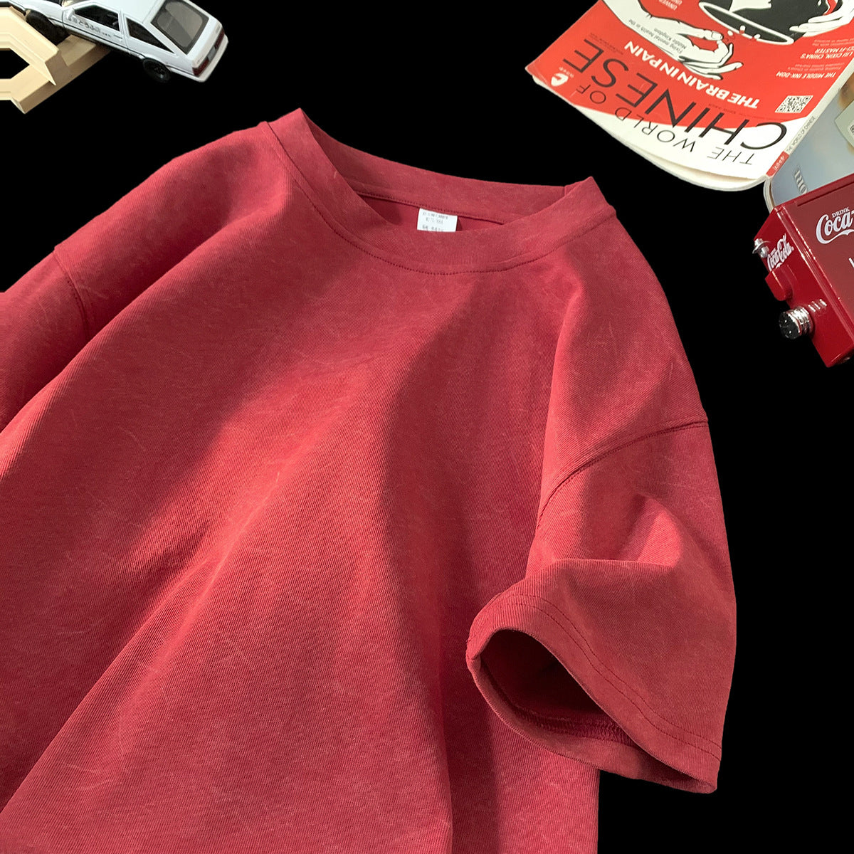 Stone Washed Ice-feeling Tencel Cotton Ice Silk Short Sleeve T-shirt - Wine Red / M