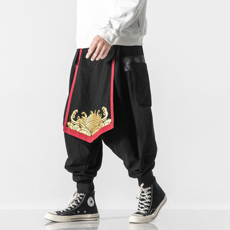 Cotton And Linen Men’s Personality Printed Wide-leg Pants With Large Crotch