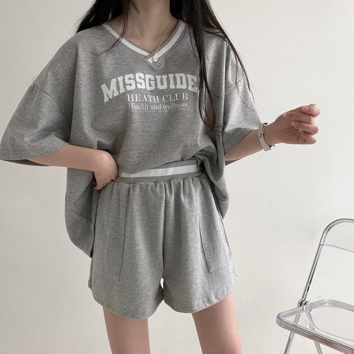 V-neck Women’s Short-sleeved Shorts Two-piece Set Solid Color - Gray Suit / M
