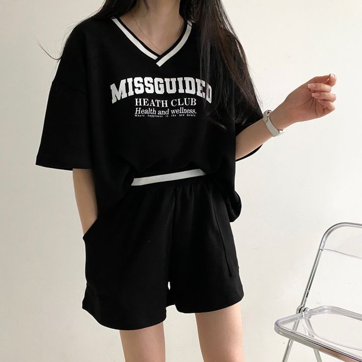 V-neck Women’s Short-sleeved Shorts Two-piece Set Solid Color - Suit Black / M