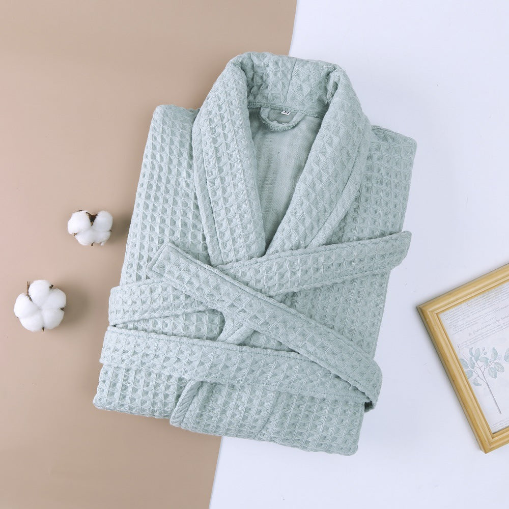 Cotton Double Waffle Unisex Thickened Long Robe - Green / M