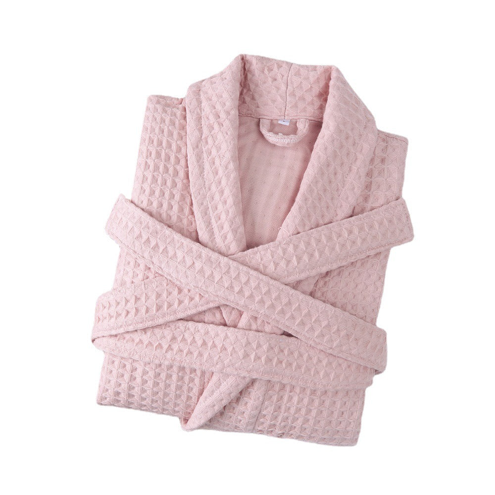 Cotton Double Waffle Unisex Thickened Long Robe - Pink / M