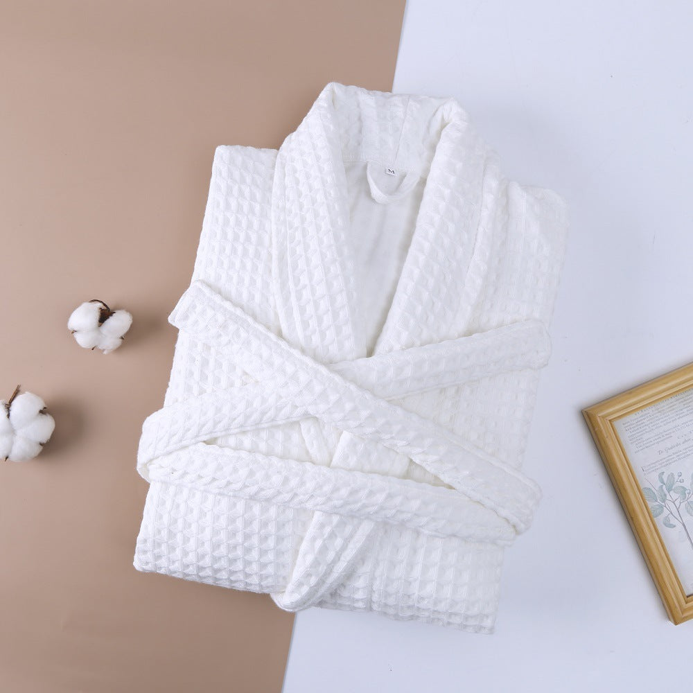 Cotton Double Waffle Unisex Thickened Long Robe - White / M