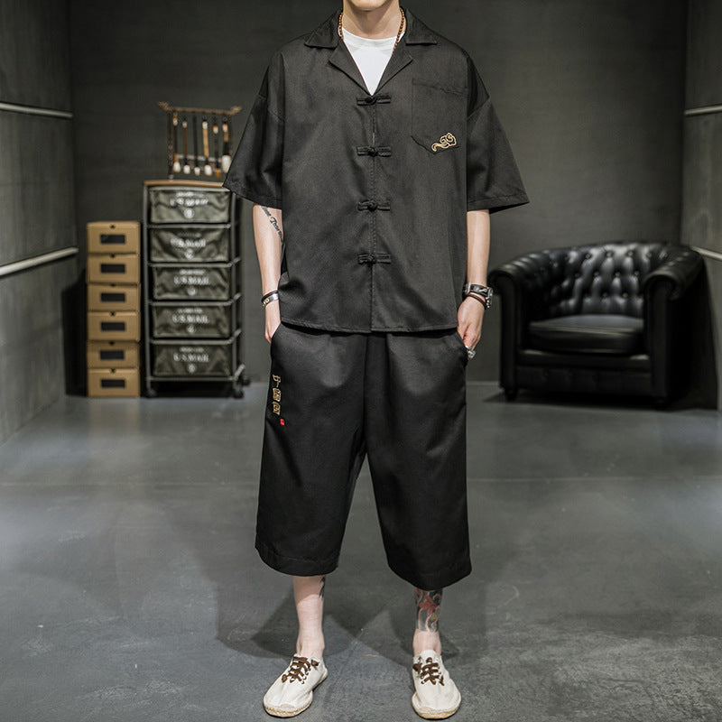 Cotton Linen Disc Button Shirt Collar Short-sleeved T-shirt Set - Black / M