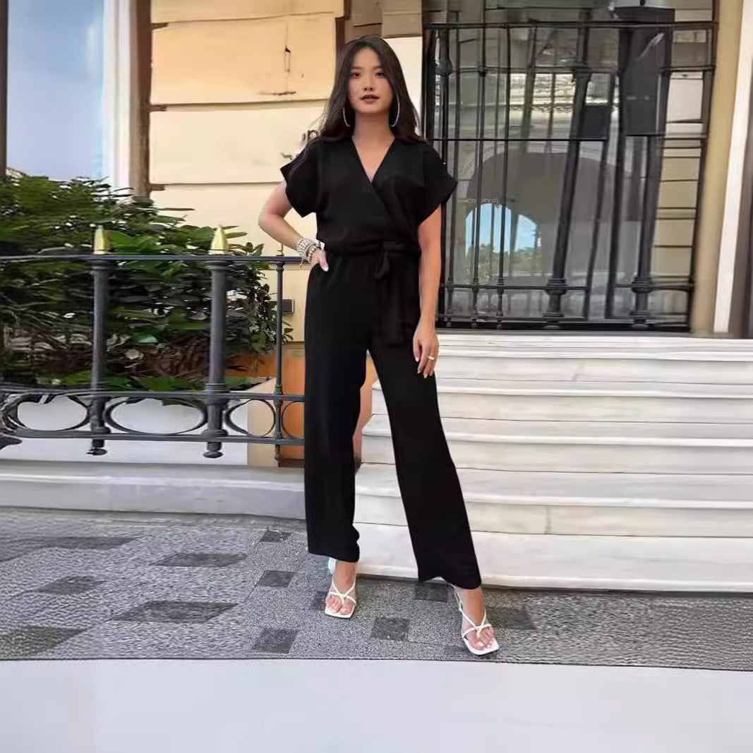 Women’s Short-sleeved V-neck Pocket Jumpsuit
