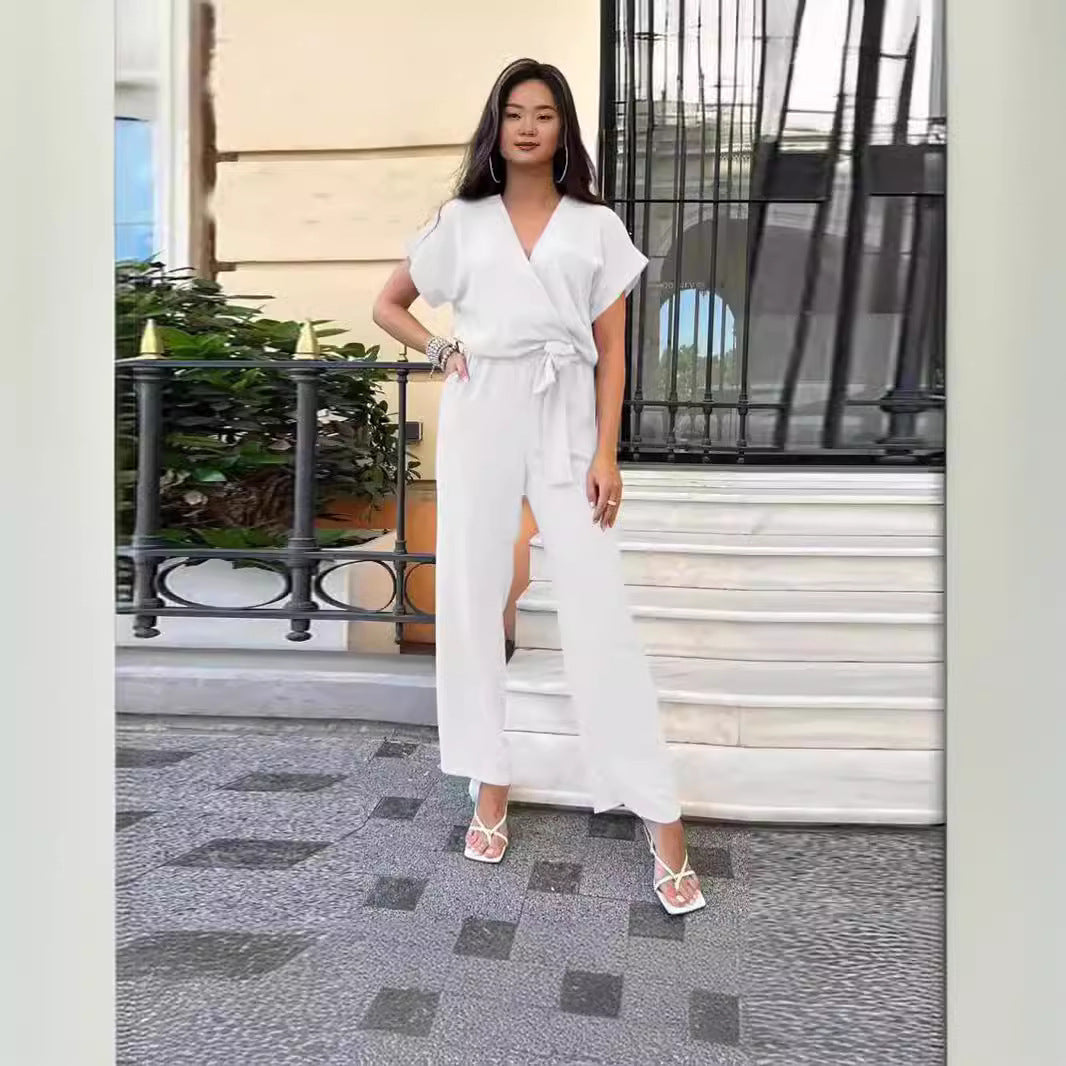Women’s Short-sleeved V-neck Pocket Jumpsuit