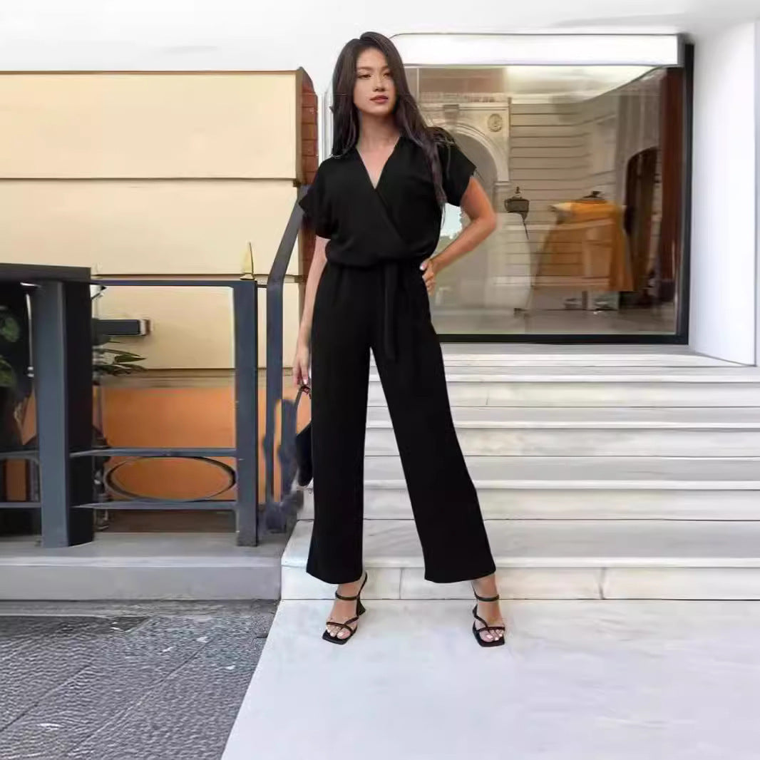 Women’s Short-sleeved V-neck Pocket Jumpsuit