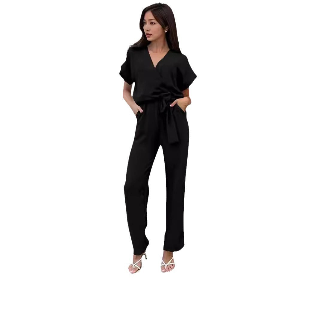 Women’s Short-sleeved V-neck Pocket Jumpsuit