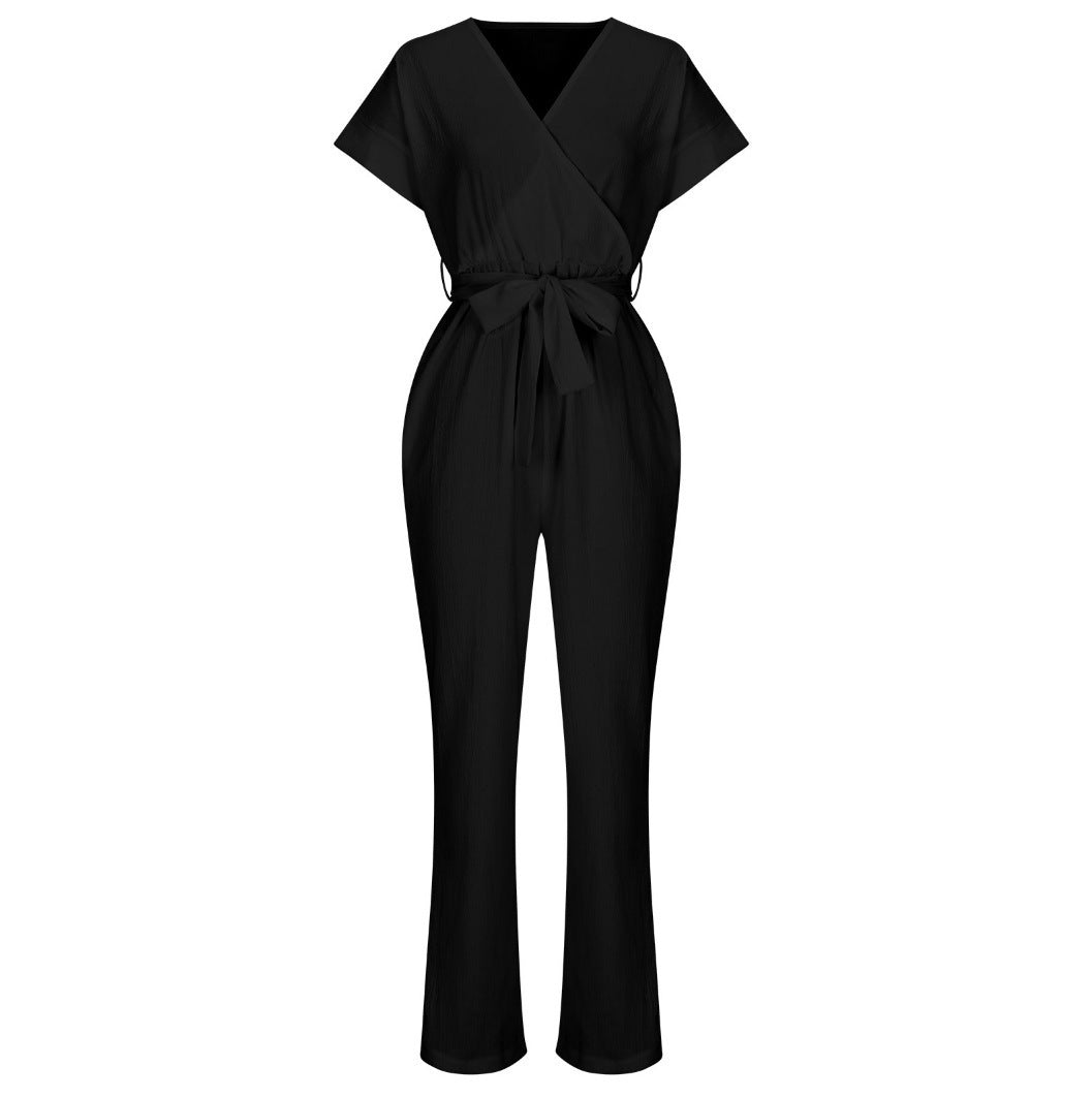 Women’s Short-sleeved V-neck Pocket Jumpsuit - S / Black