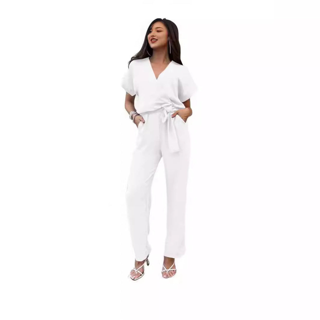 Women’s Short-sleeved V-neck Pocket Jumpsuit - S / White