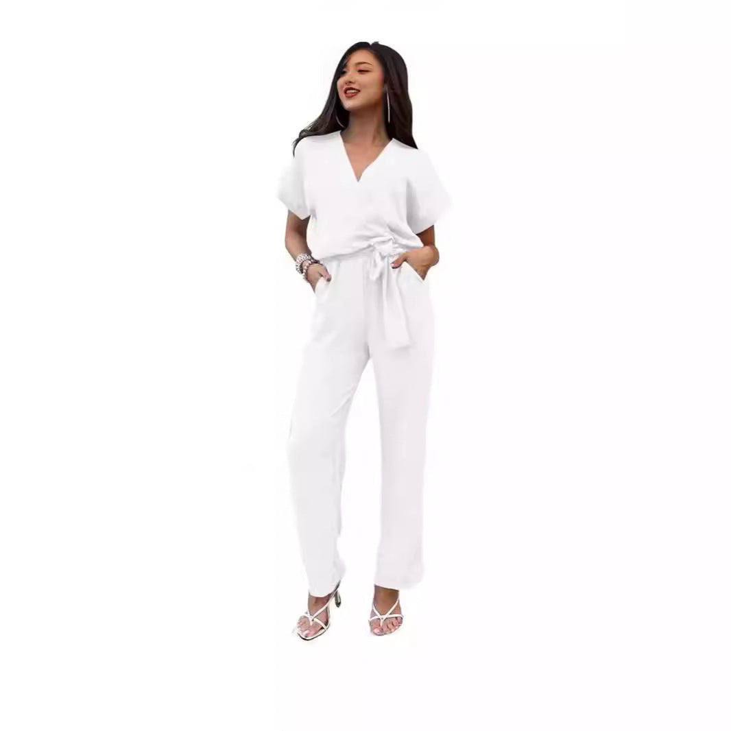Women’s Short-sleeved V-neck Pocket Jumpsuit - S / White