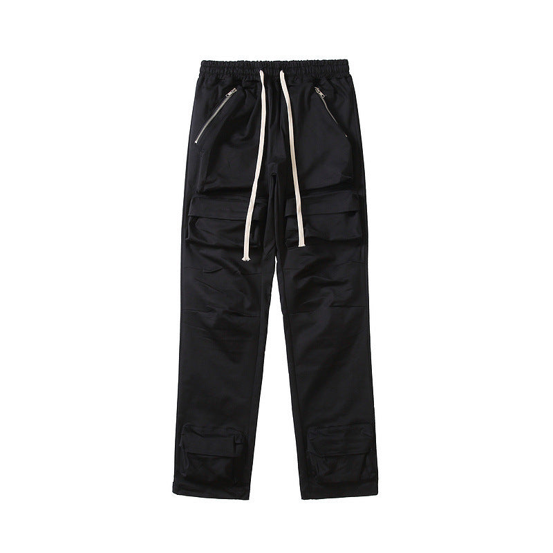 Men Cargo Pants Drawstring Ankle Pockets - Black / S
