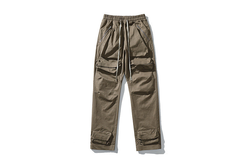 Men Cargo Pants Drawstring Ankle Pockets - Khaki / S