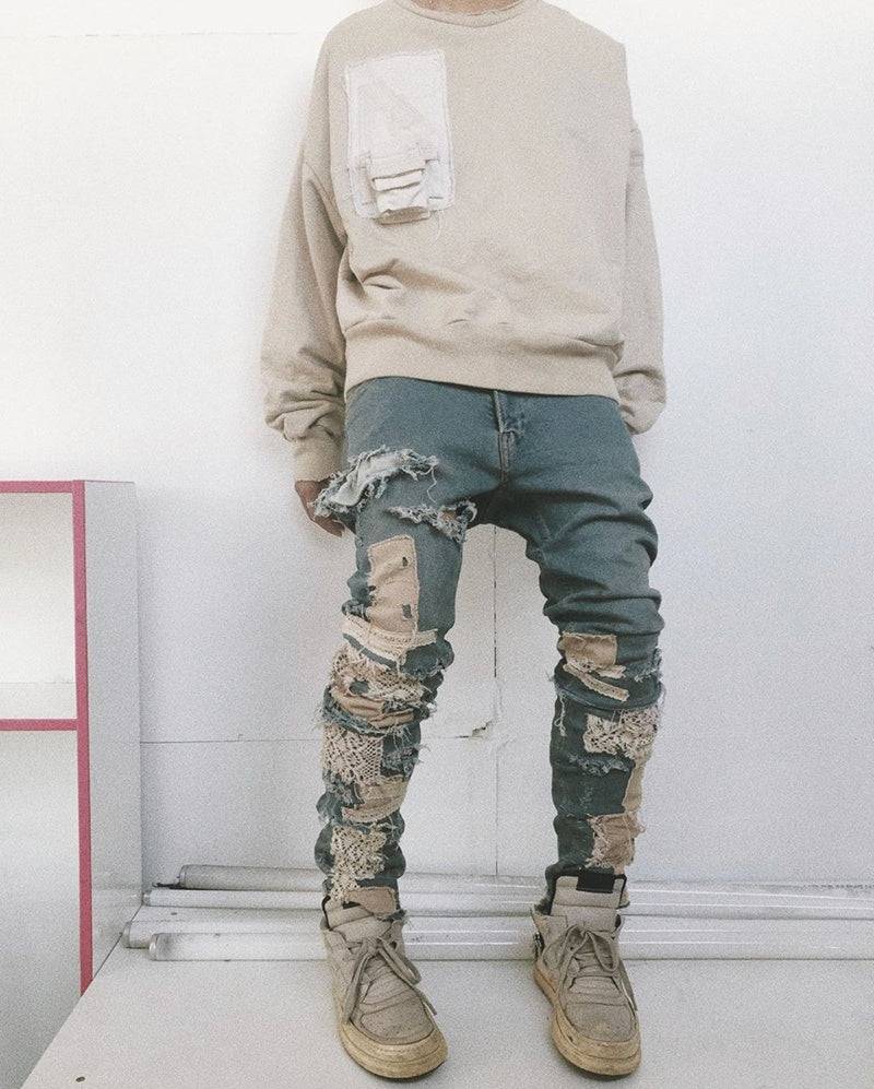 Men’s Dismantling Patch Lace Destroyed Old Slim-fitting Pants