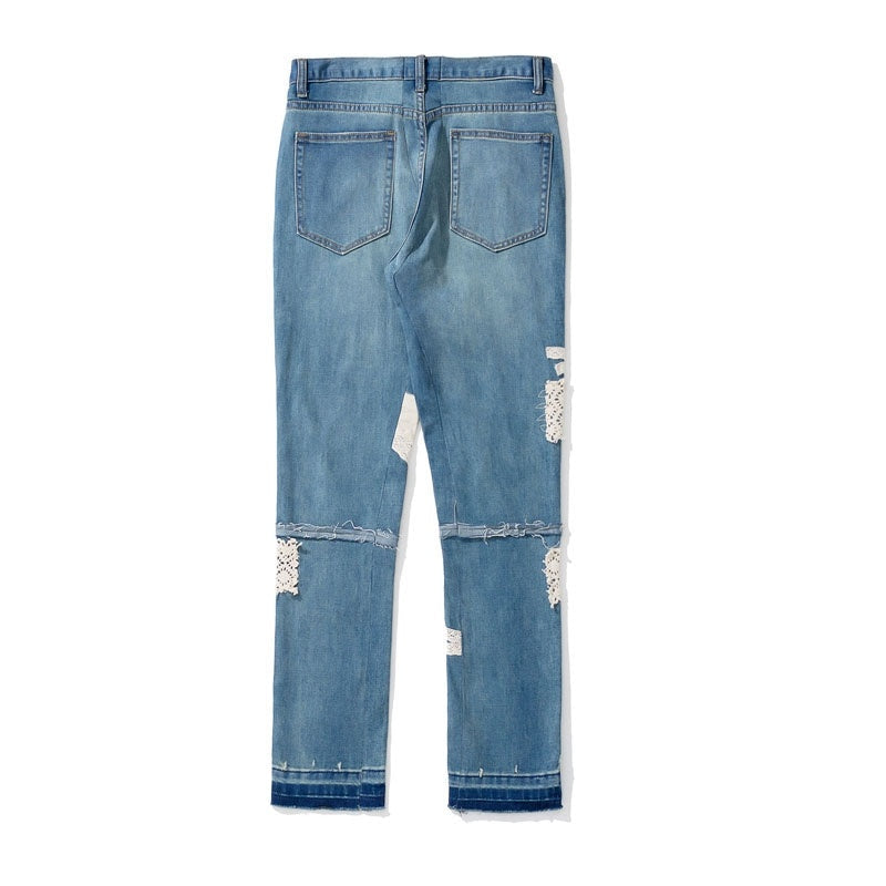 Men’s Dismantling Patch Lace Destroyed Old Slim-fitting Pants