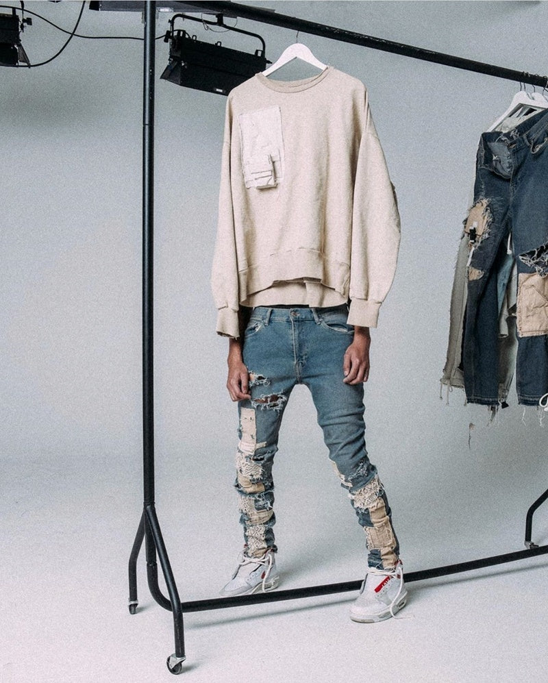 Men’s Dismantling Patch Lace Destroyed Old Slim-fitting Pants