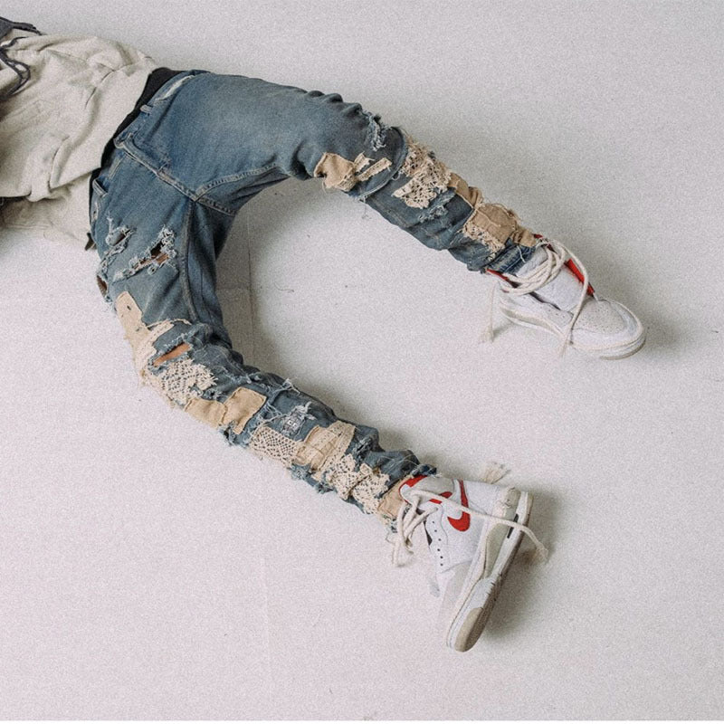 Men’s Dismantling Patch Lace Destroyed Old Slim-fitting Pants