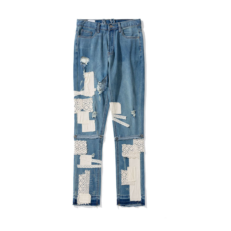 Men’s Dismantling Patch Lace Destroyed Old Slim-fitting Pants - Light blue / 32