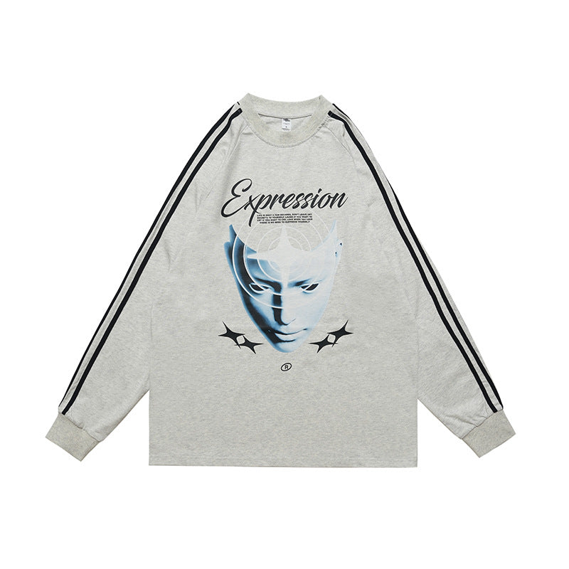 Heavy Pure Cotton Portrait Letter Printed Loose Long Sleeves - Flower Gray / S