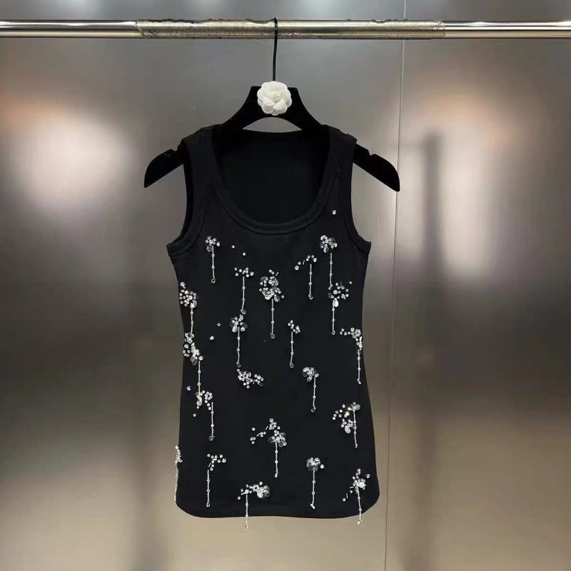 Scoop Sleeveless Diamond Nail Beads Sequins Heavy Industry Gold Style Vest - Black Regular / S