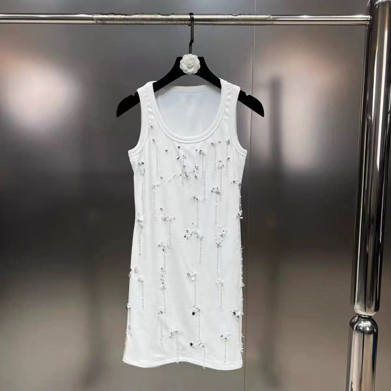Scoop Sleeveless Diamond Nail Beads Sequins Heavy Industry Gold Style Vest - White Long / S