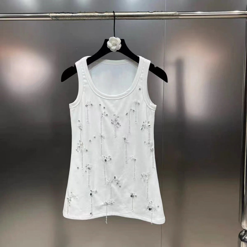 Scoop Sleeveless Diamond Nail Beads Sequins Heavy Industry Gold Style Vest - White Regular / S