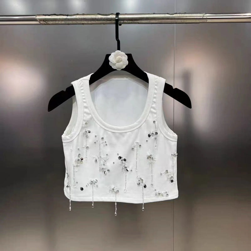 Scoop Sleeveless Diamond Nail Beads Sequins Heavy Industry Gold Style Vest - White Short / S