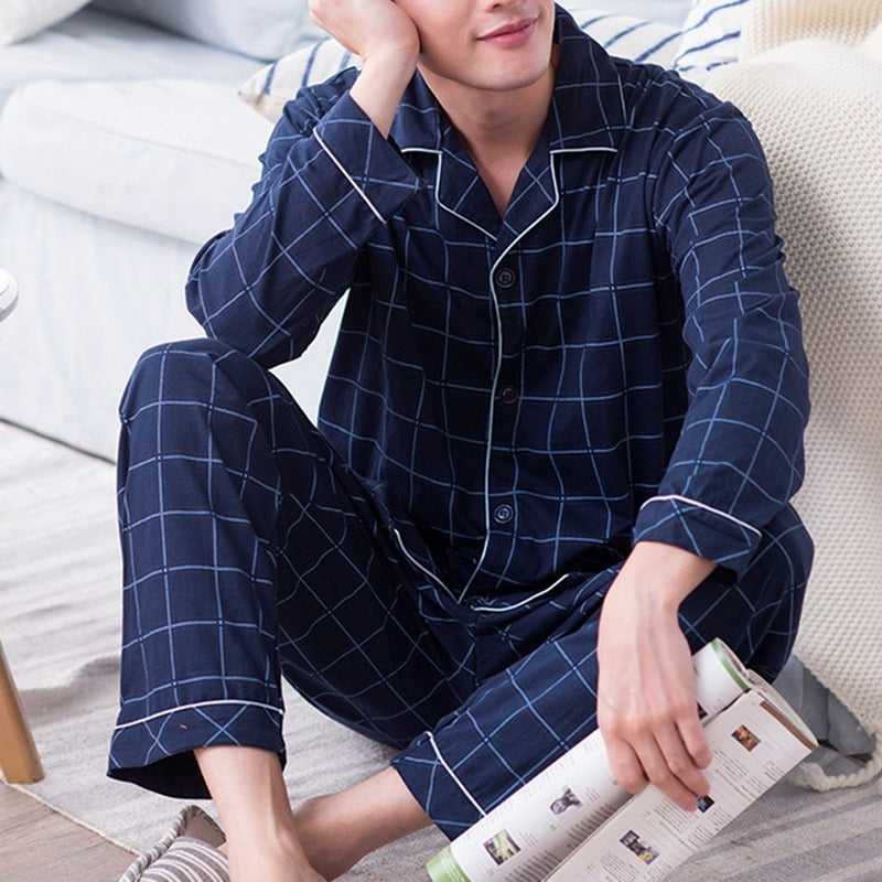 Cotton Spring Models Of Cotton Youth In The Elderly Home Clothing Set - Dark blue check / M