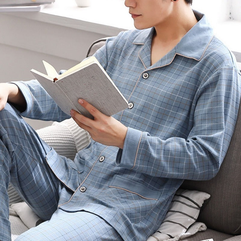 Cotton Spring Models Of Cotton Youth In The Elderly Home Clothing Set - Light blue check / M
