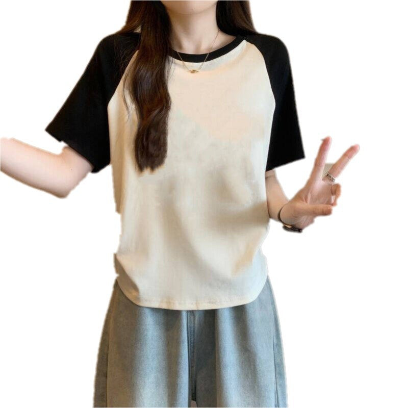 Women’s Cotton Stretch Crew Neck Short Sleeve Stitching Top