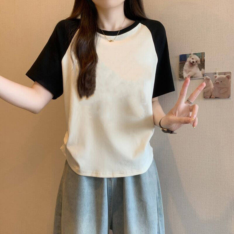 Women’s Cotton Stretch Crew Neck Short Sleeve Stitching Top