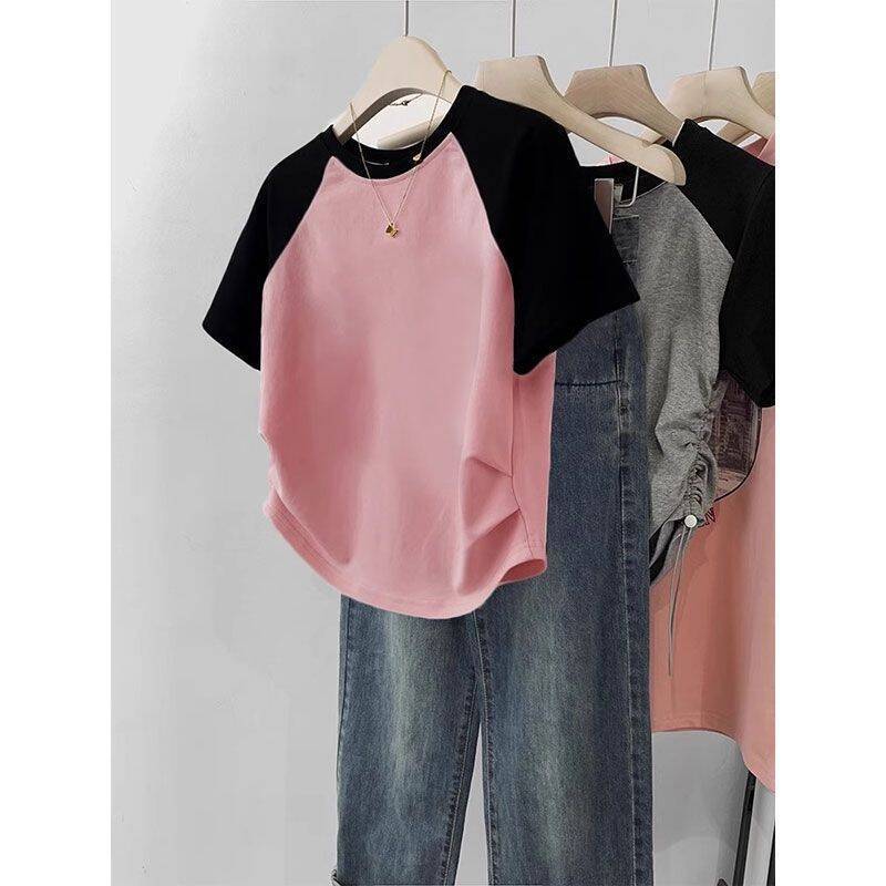 Women’s Cotton Stretch Crew Neck Short Sleeve Stitching Top