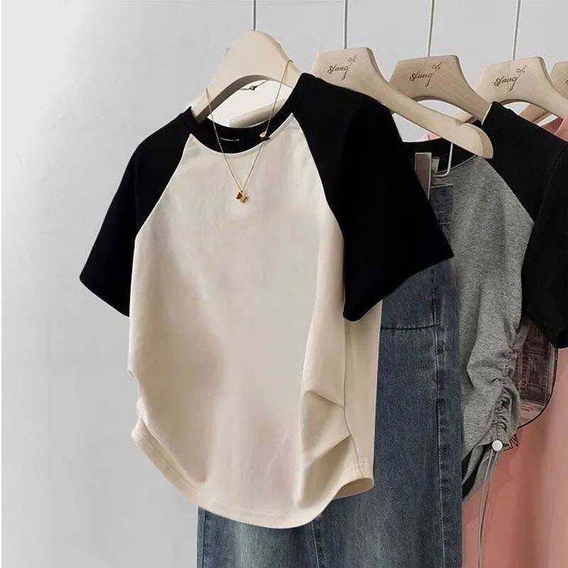 Women’s Cotton Stretch Crew Neck Short Sleeve Stitching Top - Apricot / S