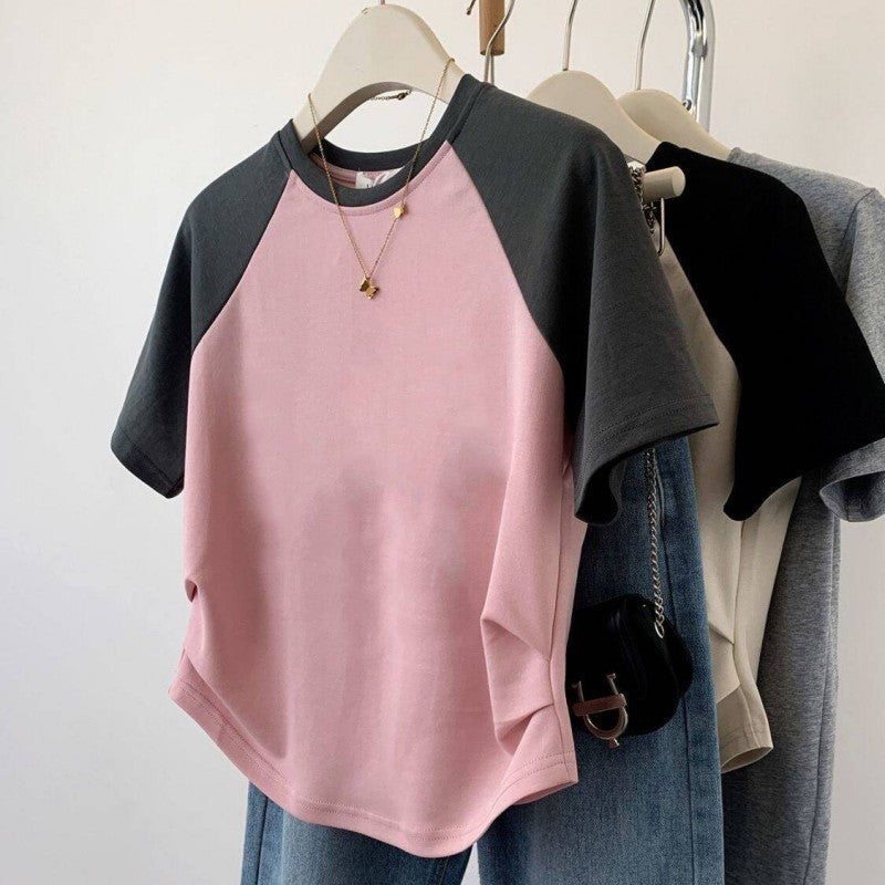 Women’s Cotton Stretch Crew Neck Short Sleeve Stitching Top