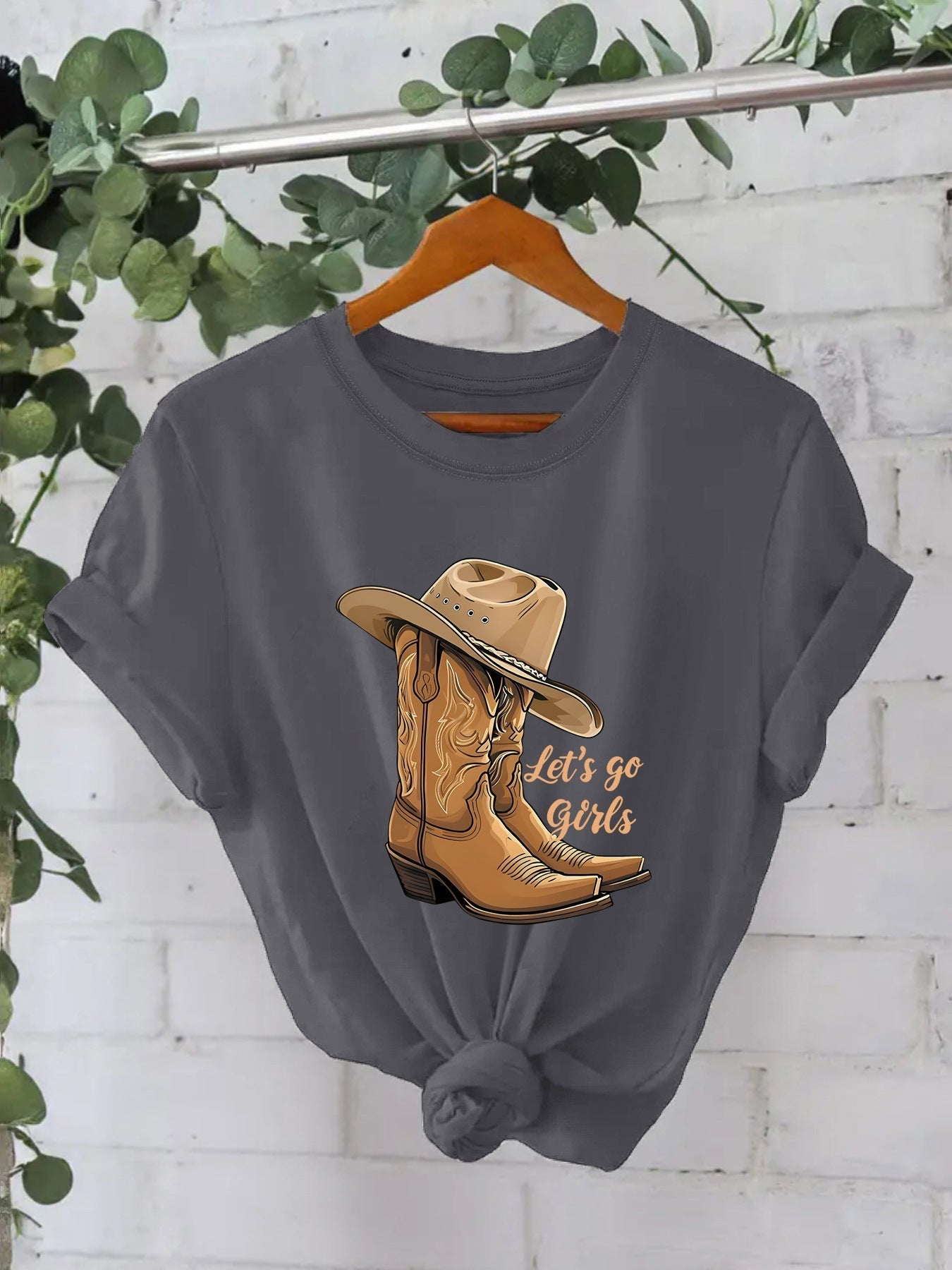 Cotton T-shirt Female Martin Boots Hat Printing - Dark Gray / S